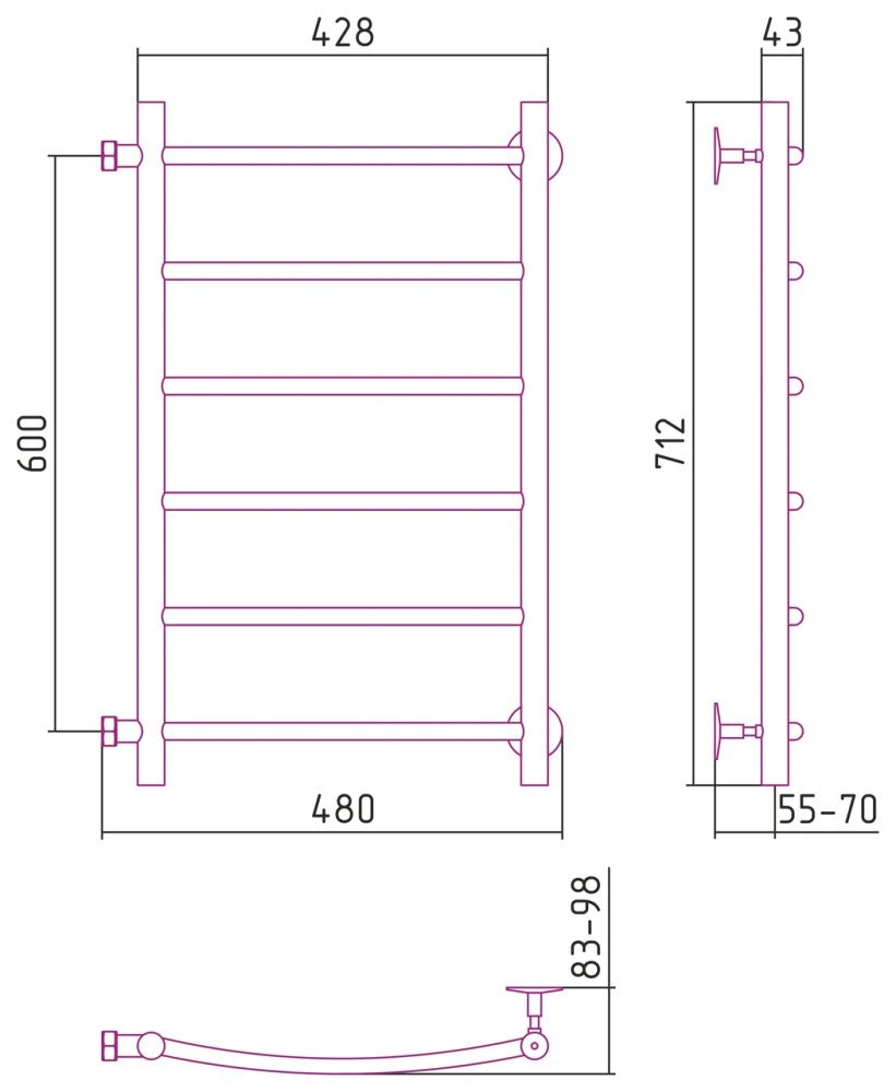 Полотенцесушитель "Версия - Б2" 600х400 (6 перекладин) Г 18, нержавеющая сталь, полировка, Стилье