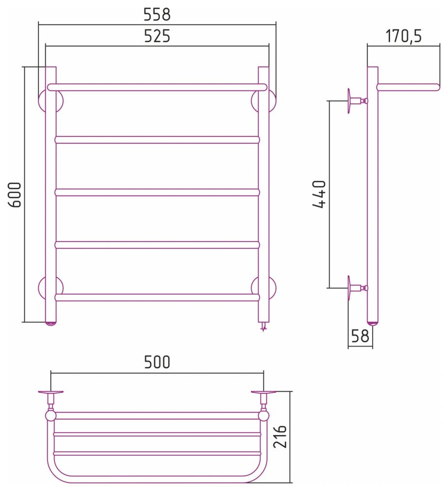 Полотенцесушитель электрический №30 П, 600х500, хром,  Стилье