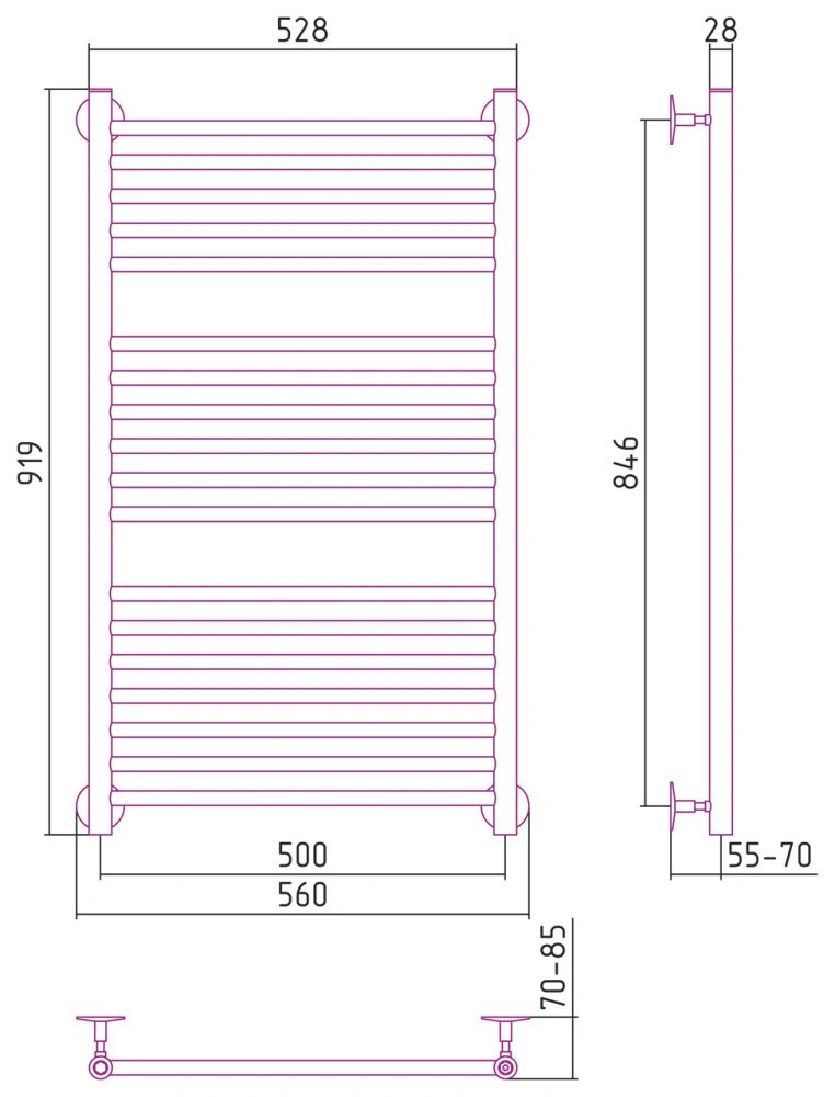 Полотенцесушитель Универсал-53 1000х500, нерж. ст., полировка Стилье