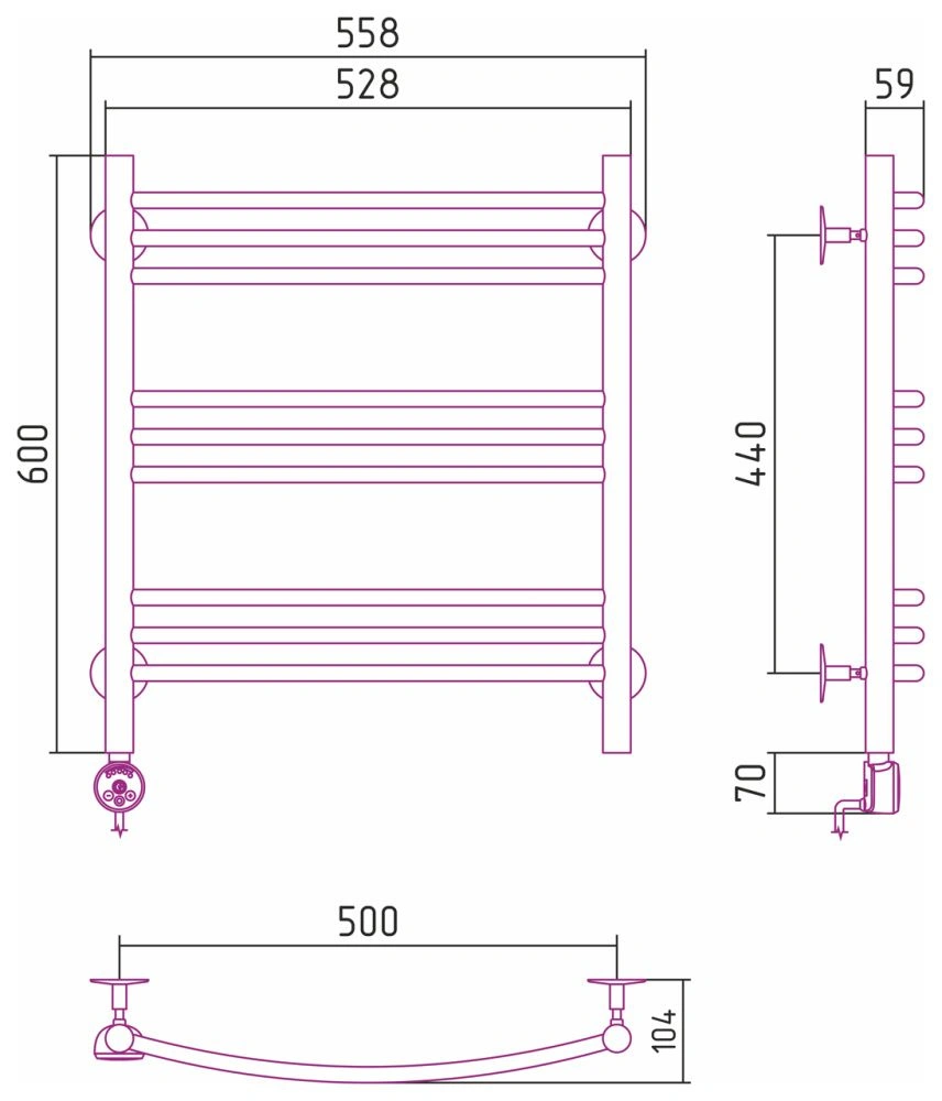 Полотенцесушитель электрический №10 ТЛ, 600х500 (3+3+3) Г16 Стилье