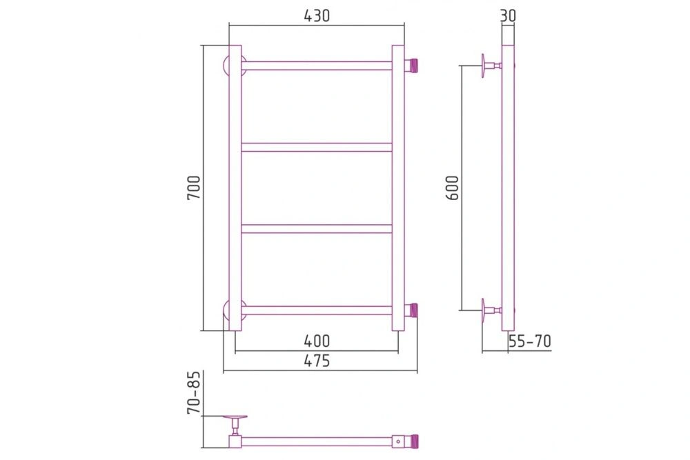 Полотенцесушитель "Версия - КБ" 600х400 (4 перекладины) П 20х20, нержавеющая сталь, полировка, Стилье