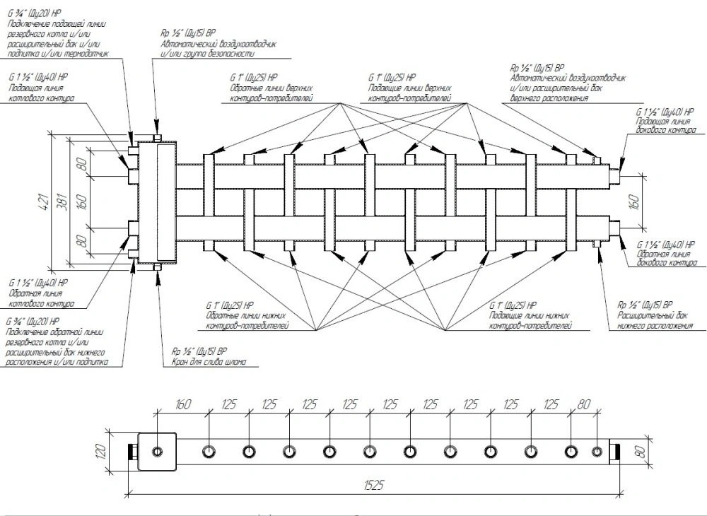 Балансировочный коллектор BM-150-11DU, до 150 кВт Gidrus