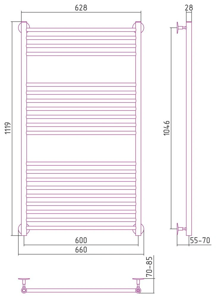 Полотенцесушитель Универсал-53 1200х600, нерж. ст., полировка Стилье