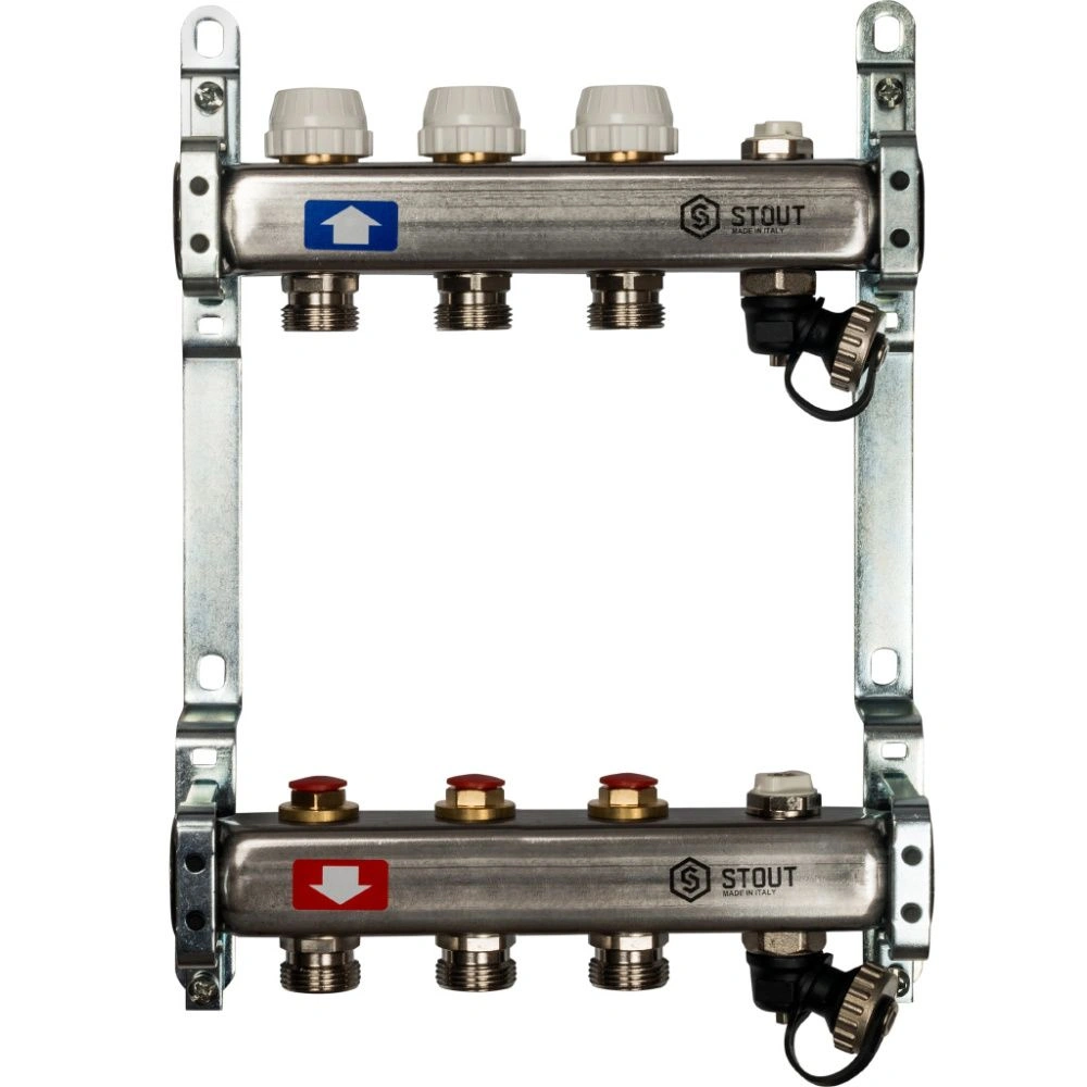 Коллектор  3 вых с вент. вставками (сливные краны, воздухоотводчик, без заглушек) Stout