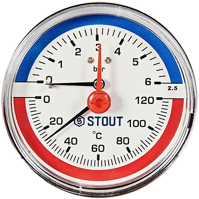 Термоманометр аксиальный (0...120°C, 0-6 бар), Dn 80 мм 1/2, STOUT