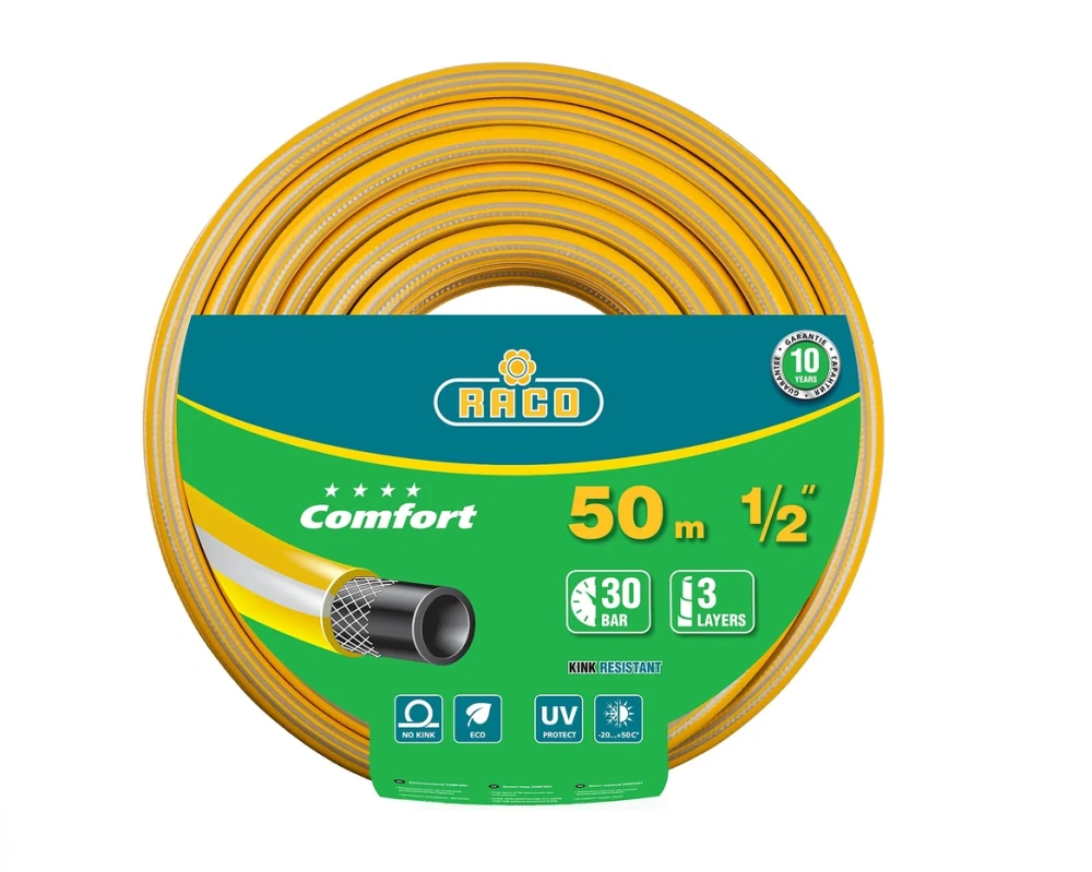 Шланг поливочный трёхслойный, армированный, RACO COMFORT, 1/2", 50 м, 30 атм