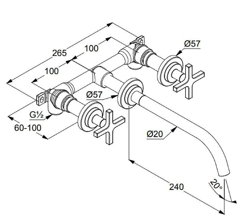 Смеситель для раковины встраиваемый Nova Fonte Classic  (излив 240мм) на 3 отверстия (внутренняя часть в комплекте), хром KLUDI