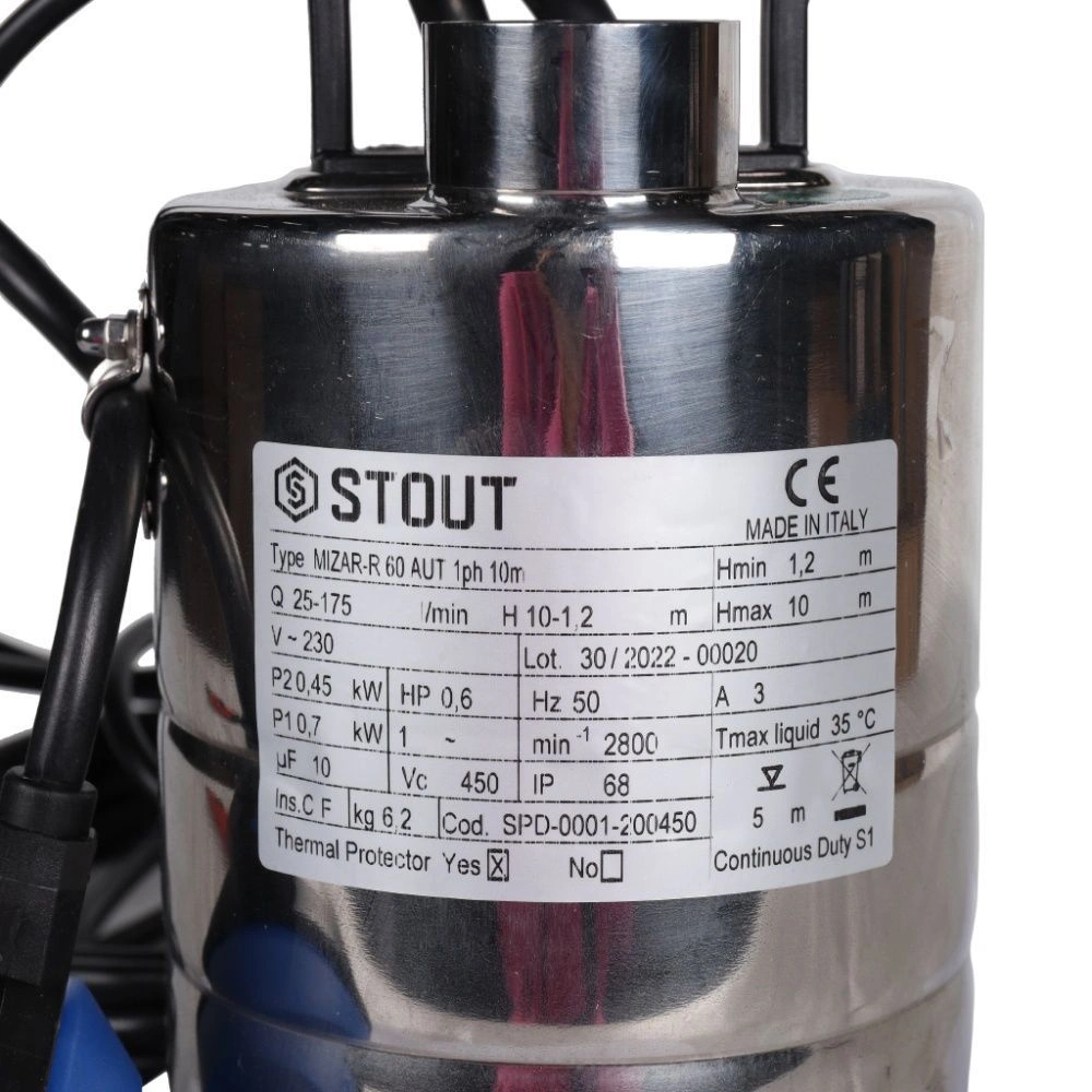 Насос дренажный с поплавком, кабель 10 м, 230V, Q=175 л/мин, H=10 м STOUT