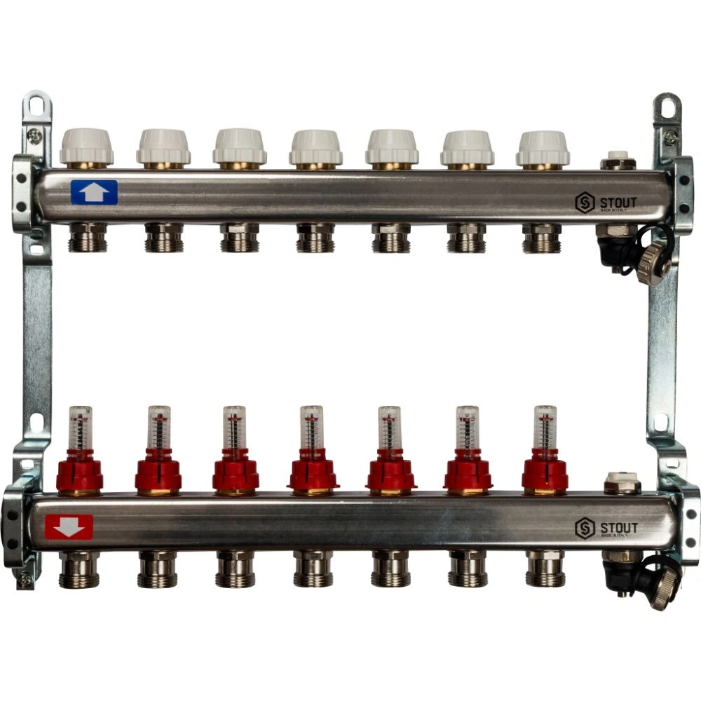 Коллектор  7 вых с расходомерами (сливные краны, воздухоотводчик, без заглушек) Stout