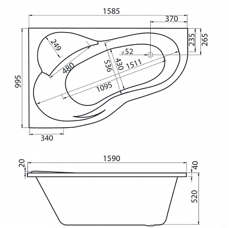 Ванна ИБИЦА ассиметричная XL 160*100, Белая, Лев. Santek