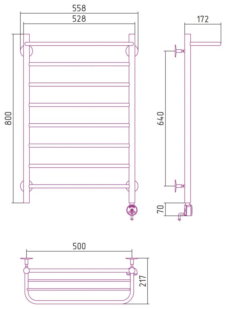 Полотенцесушитель электрический №20 ТП, 800х500 (Полка + 7) П16 Стилье