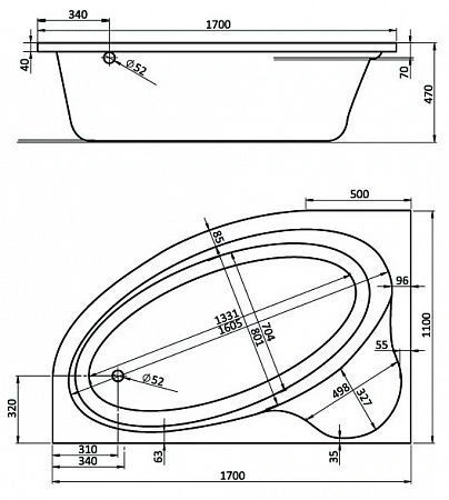 Ванна ЭДЕРА ассиметричная 170*110, Белая, Лев. Santek