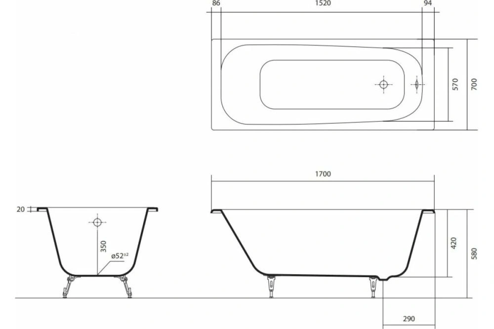 Ванна чугунная эмалированная СИГМА 1700x700x420 в комплекте с 4-мя ножками AQUATEK