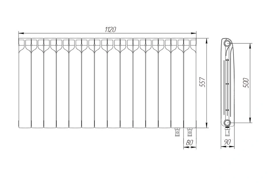Радиатор биметаллический 500/90 мм 14 секций нижнее подключение справа Теплоприбор