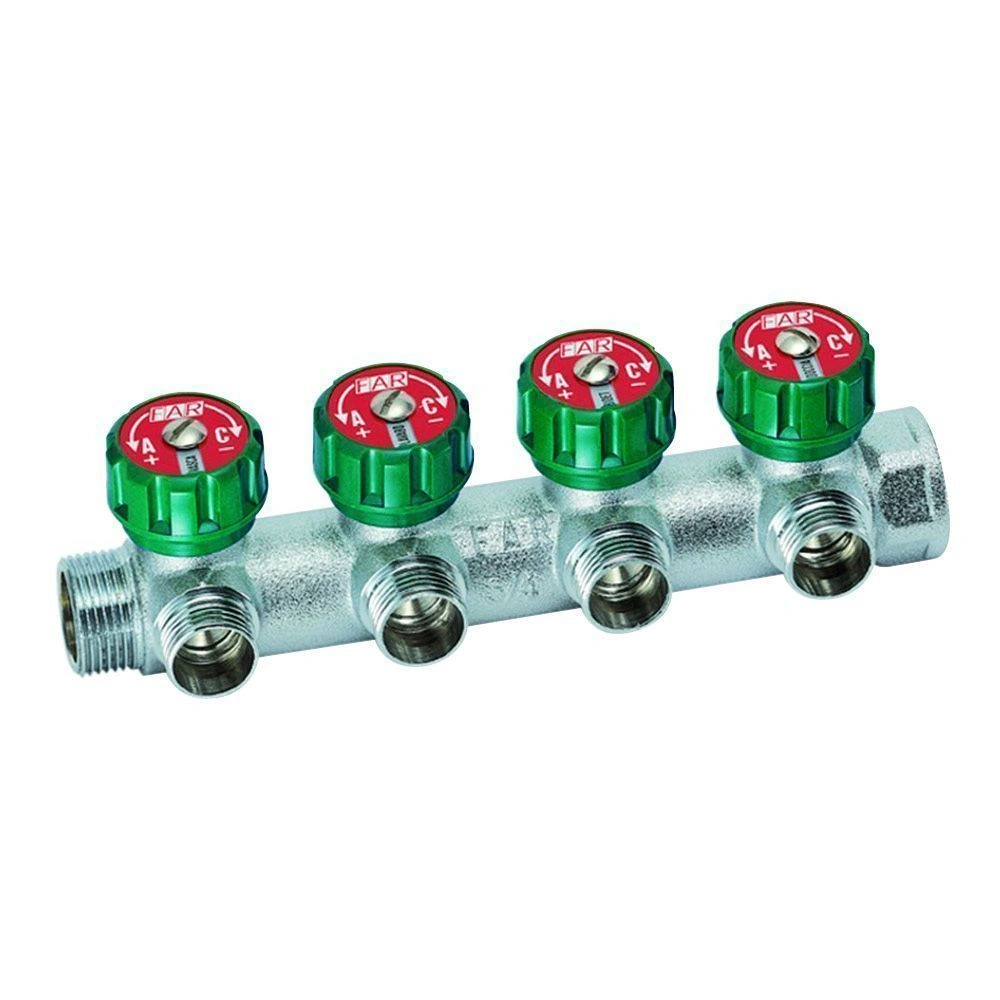 Коллектор регулирующий 1" (ВР-НР) с 4 отв. 3/4"EU с вставкой под плоское уплотнение FAR