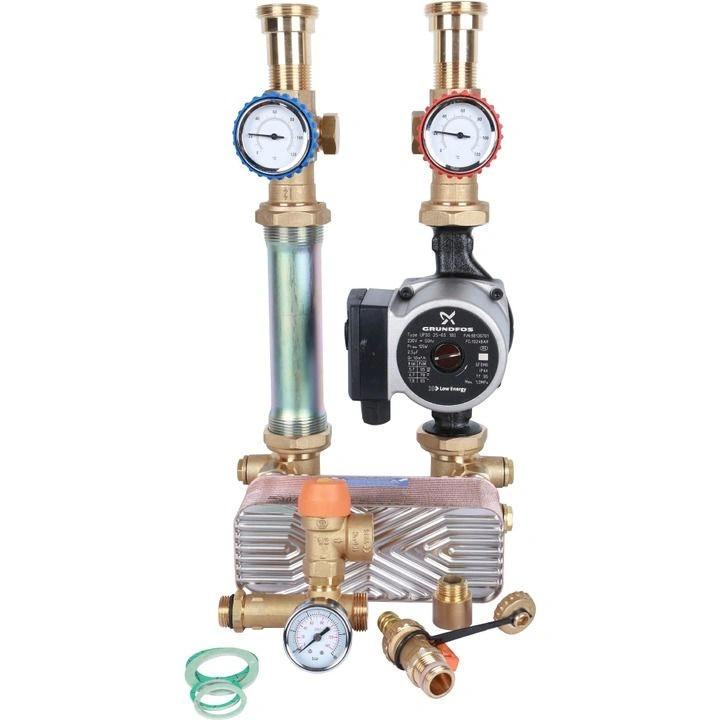 Насосная группа с теплообменником 28 пл., с насосом Grundfos UPSO 25-65 в теплоз. STOUT