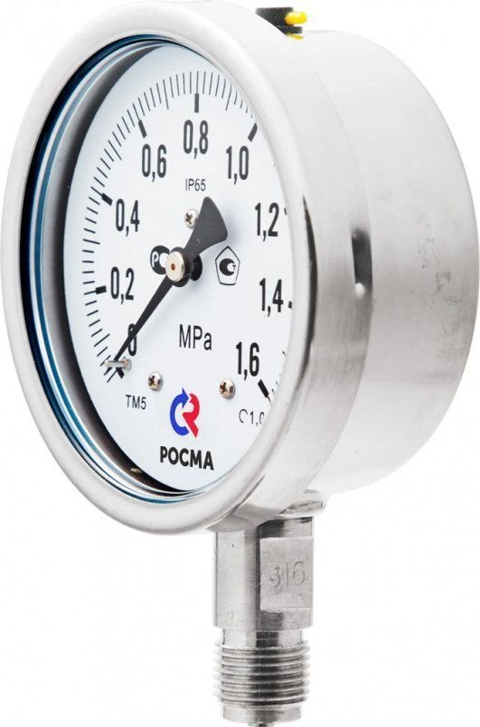 Манометр нерж. ТМ-521Р.00 (0..1,6 МПа), G1/2", 100мм, кл.т. 1,0, 200C, "сухой" (без заполнения)