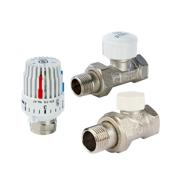 Комплект: вентиль т/с прямой 20,  вентиль запорный прямой 20, термостат газовый М30х1,5 STOUT