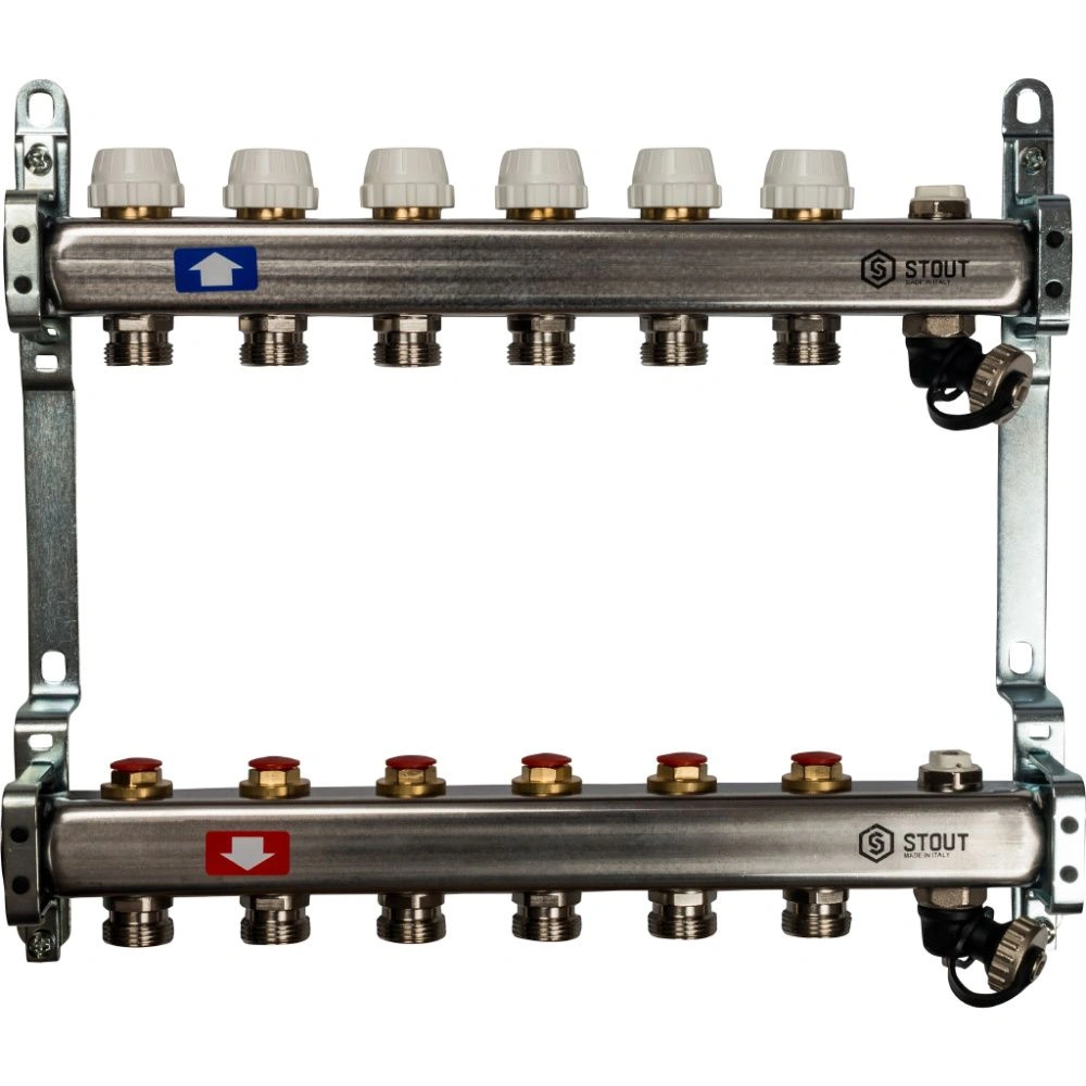 Коллектор  6 вых с вент вставками (сливные краны, воздухоотводчик, без заглушек) Stout