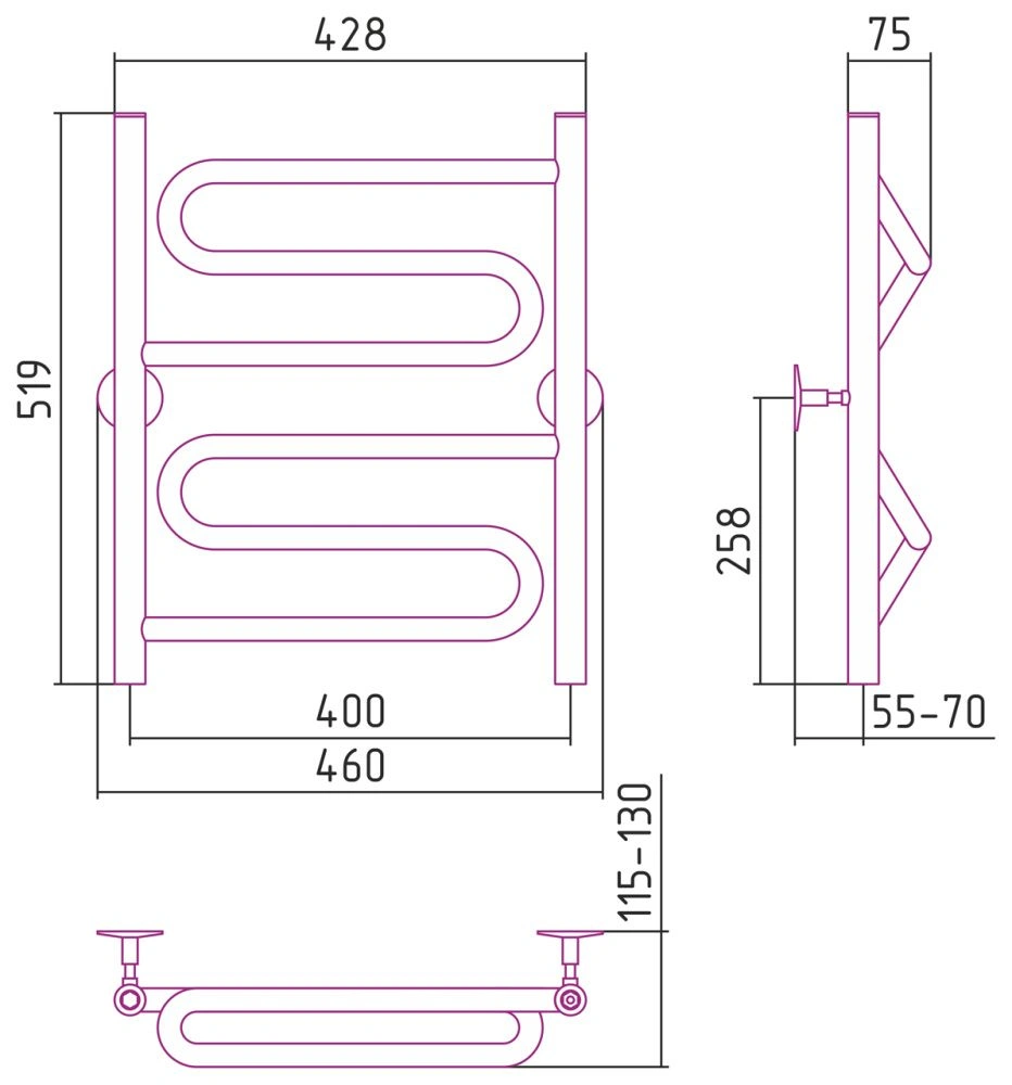Полотенцесушитель водяной Универсал-51 600х400, нерж. ст., Стилье