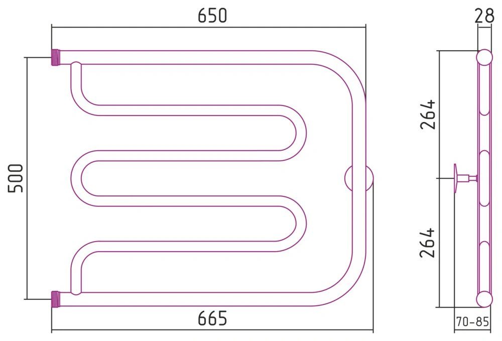 Полотенцесушитель Тандем 500х650, G 1" нерж. ст., полировка Стилье