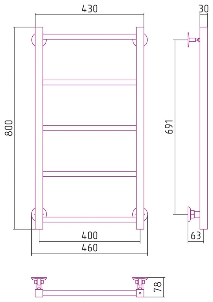 Полотенцесушитель "Версия - КН" 800х400 (5 перекладин) П 20х20, нержавеющая сталь, полировка, Стилье