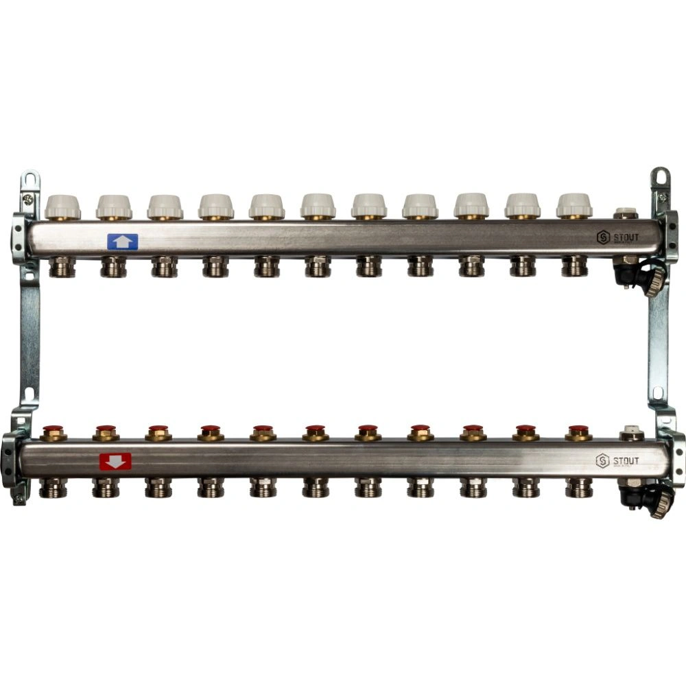 Коллектор 11 вых с вент. вставками (сливные краны, воздухоотводчик, без заглушек) Stout