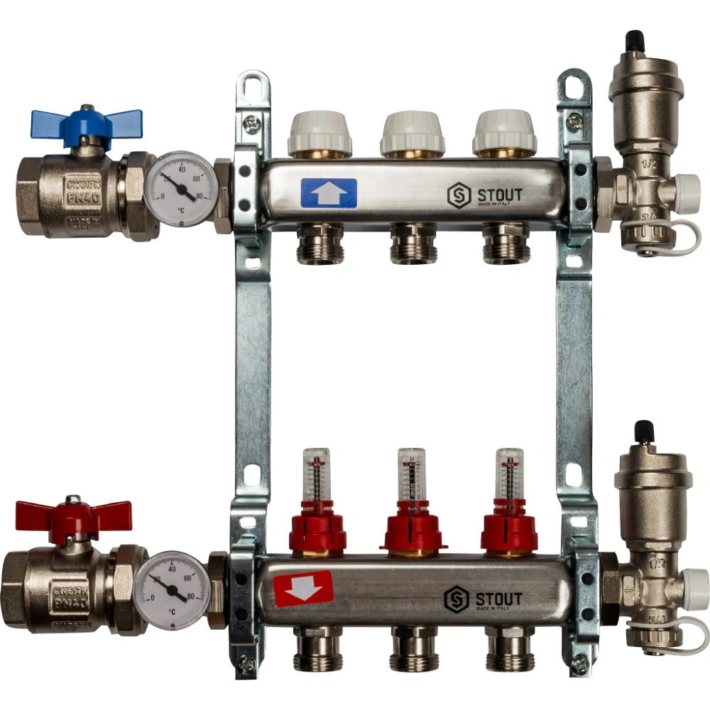 Коллектор в комплекте (краны и авт. воздухоотводчики)  3 вых с расходомерами Stout