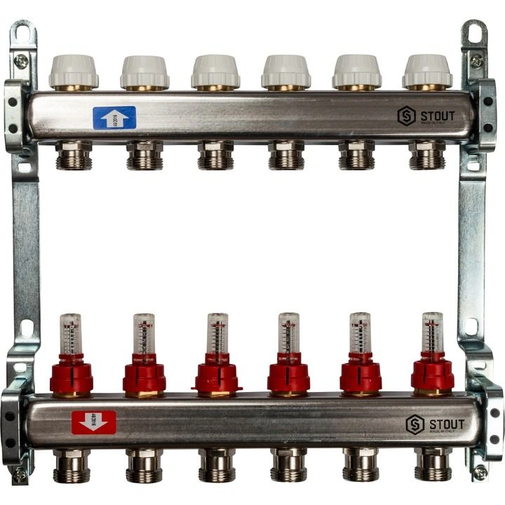 Коллектор  6 вых с расходомерами (без сливных кранов, без воздухоотводчиков, без заглушек) Stout