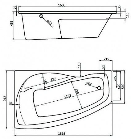 Ванна МАЙОРКА ассиметричная XL 160*95, Белая, Лев. Santek