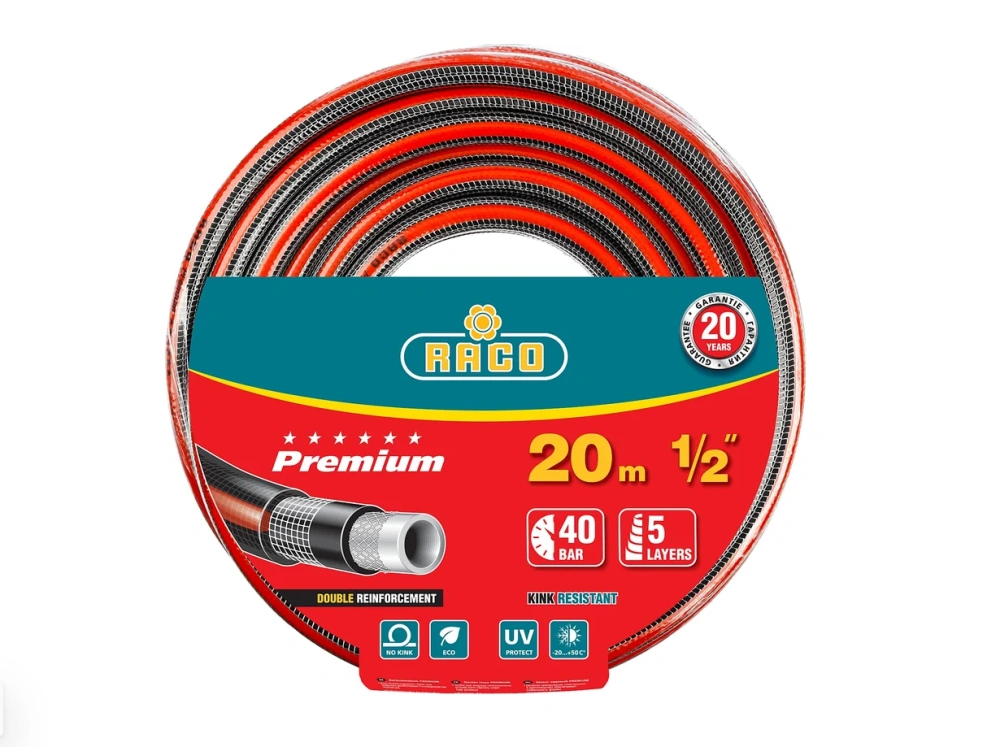 Шланг поливочный пятислойный, усиленный двумя слоями армирования, RACO PREMIUM, 1/2", 20 м, 40 атм