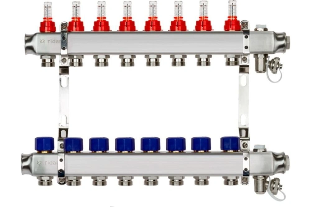 Комплект коллекторов SSM-8RF set, нерж., с расходомерами и кронштейнами, 8 контуров Ridan