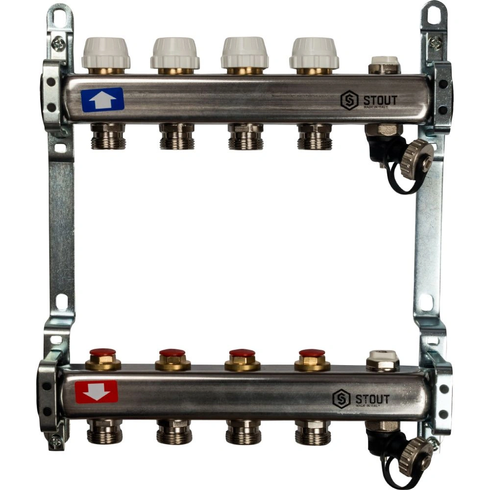 Коллектор  4 вых с вент вставками (сливные краны, воздухоотводчик, без заглушек) Stout