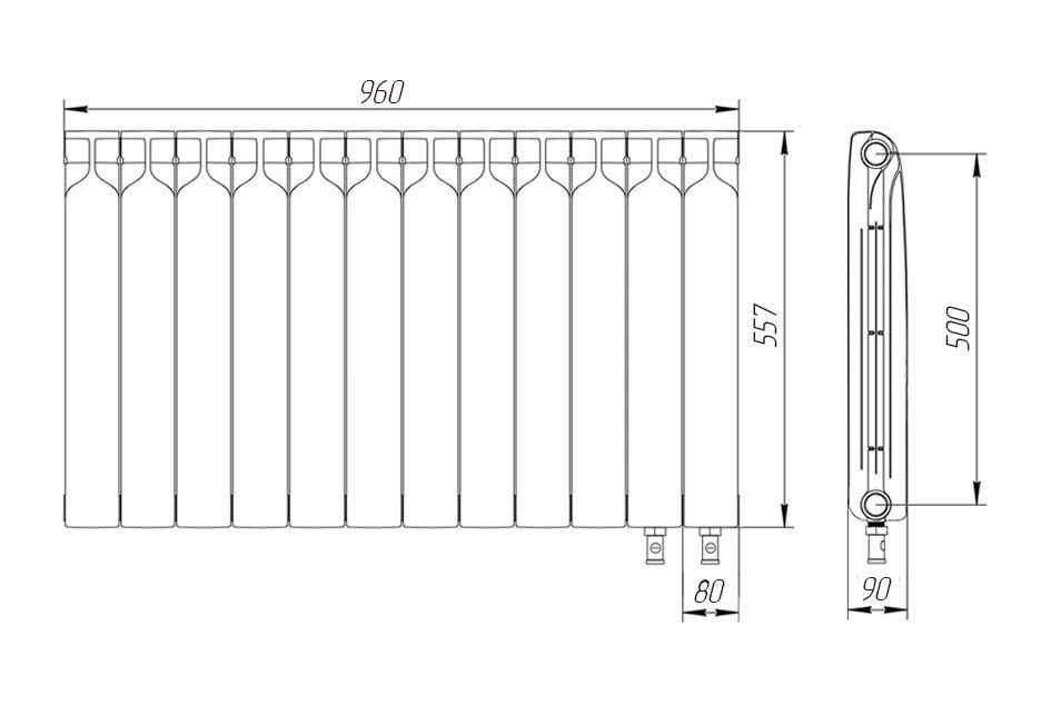 Радиатор биметаллический 500/90 мм12 секций нижнее подключение справа Теплоприбор