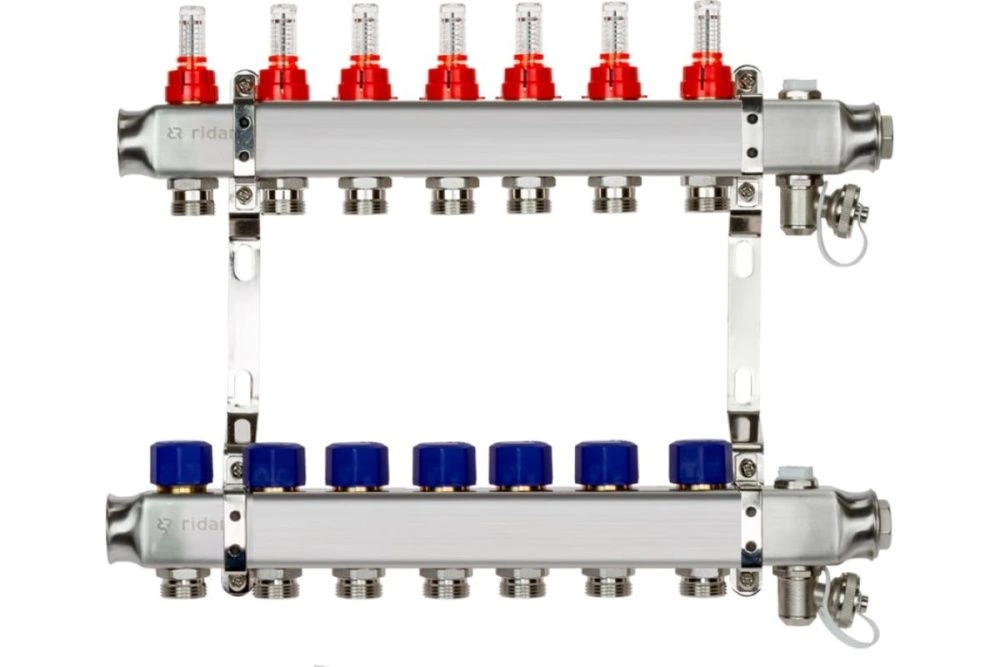 Комплект коллекторов SSM-7RF set, нерж., с расходомерами и кронштейнами, 7 контуров Ridan