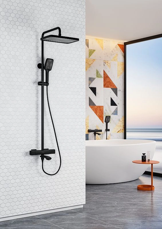 Душевая система для ванны с термостатом R01, черный матовый, RAGLO