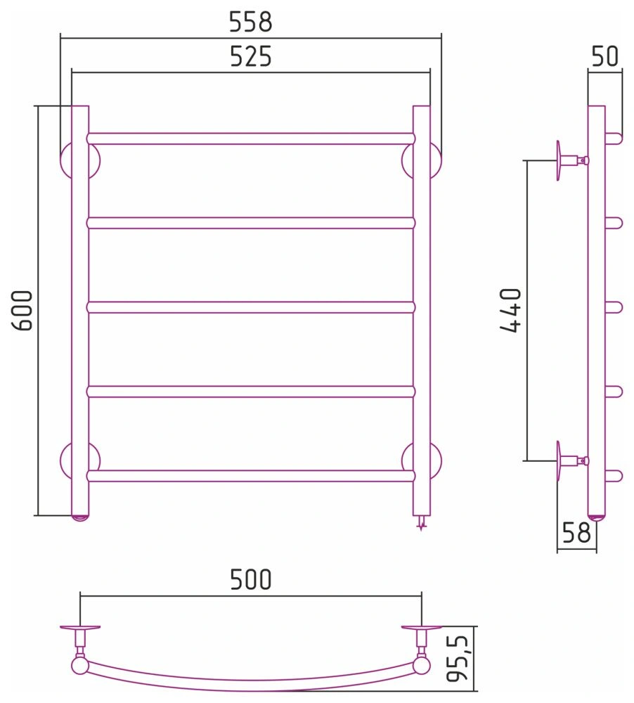 Полотенцесушитель электрический №40 П, 600х500  Стилье