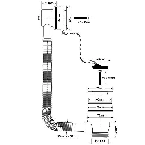 Слив-перелив д/ванн/поддонов L460хD25мм, н/ж решетка, пробка, цепочка, вых. 1 1/2" McAlpine