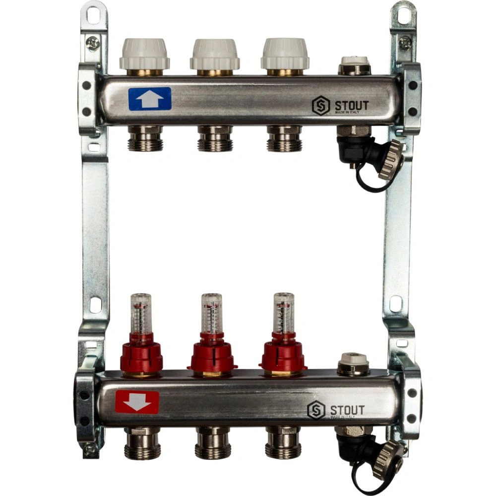 Коллектор  3 вых с расходомерами (сливные краны, воздухоотводчик, без заглушек) Stout 