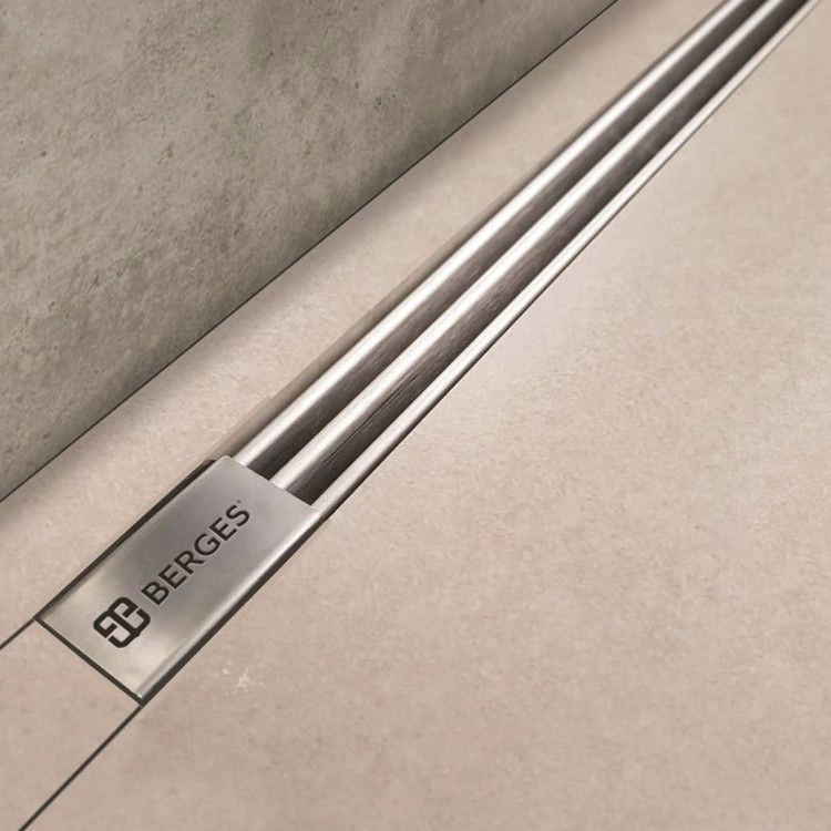 Дренажный канал BERGES SUPER Slim 1200 нерж. сталь решетка мат. хром S-сифон D50 H60 бок. выпуск