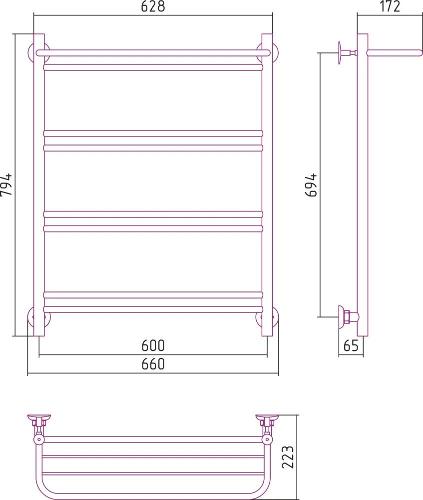 Полотенцесушитель "Версия - Н1" 800х600 (полка+1+2+2+2 перекладин) нержавеющая сталь, полировка, Стилье