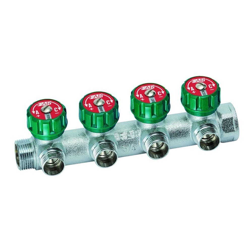 Коллектор регулирующий 1" (ВР-НР) с 4 отв. 3/4"EU с вставкой под плоское уплотнение FAR