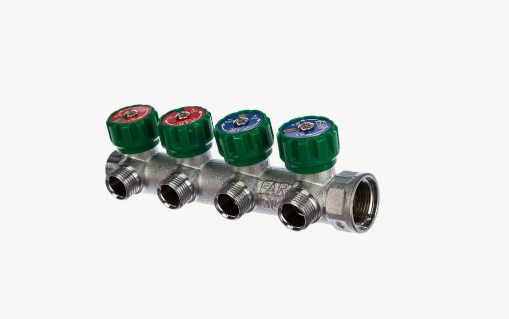 Коллектор регулирующий 3/4" (ВР-НР) с 4 отв. 1/2"EU с вставкой под плоское уплотнение FAR
