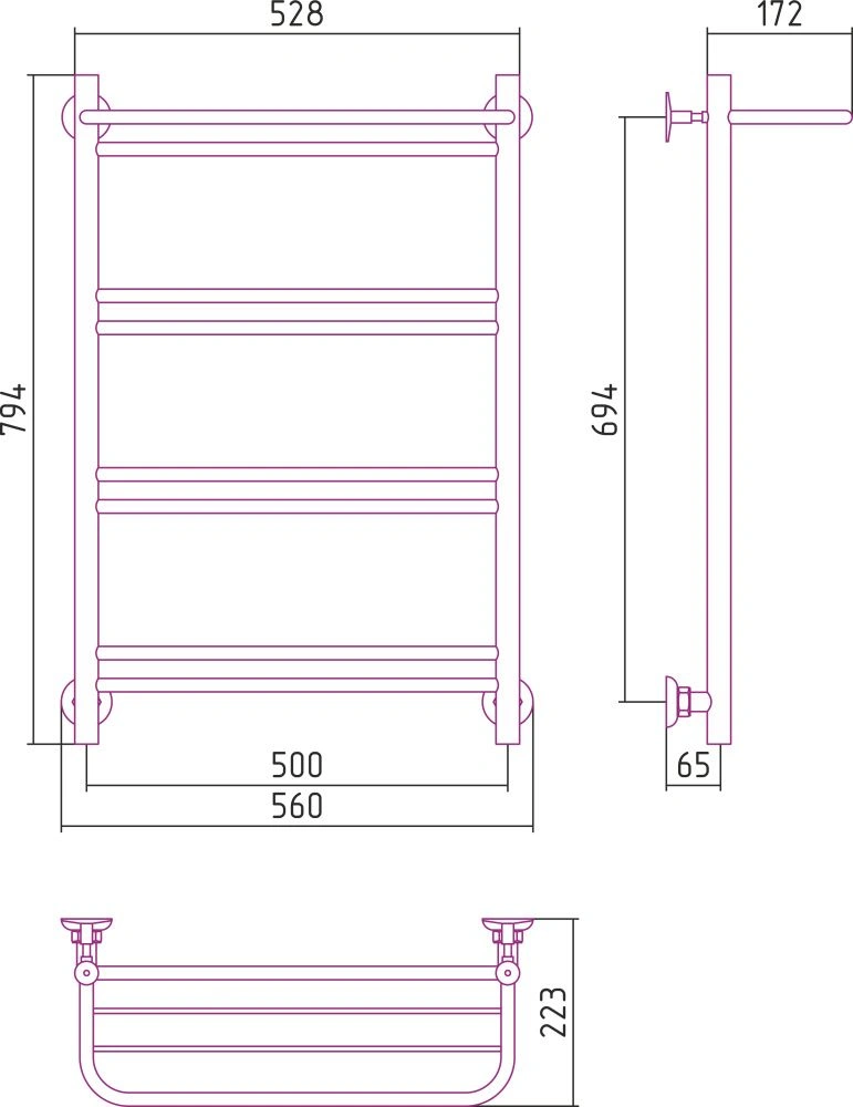 Полотенцесушитель "Версия - Н1" 800х500 (полка+1+2+2+2 перекладин) нержавеющая сталь, полировка, Стилье