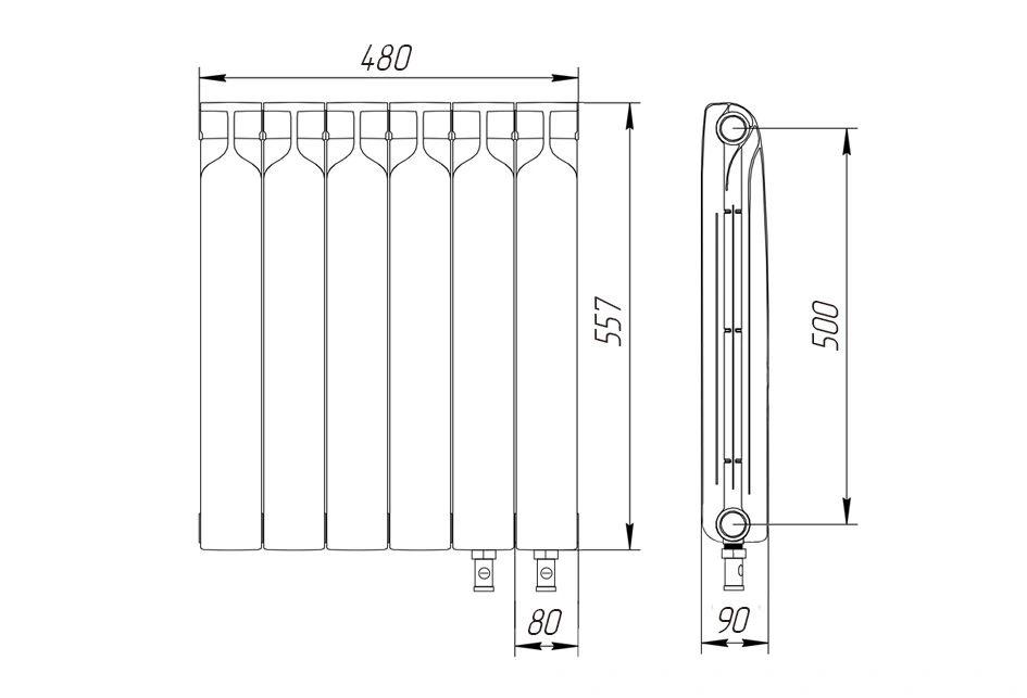Радиатор биметаллический 500/90 (190 Вт)  7 секций нижнее подключение справа Teplopribor