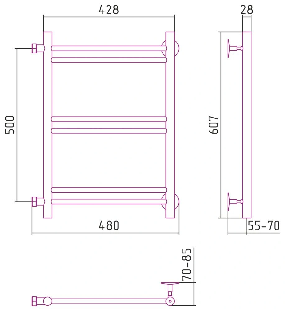 Полотенцесушитель "Версия - Б1" 500х400 (2+2+2 перекладин) П 16, нержавеющая сталь, полировка, Стилье