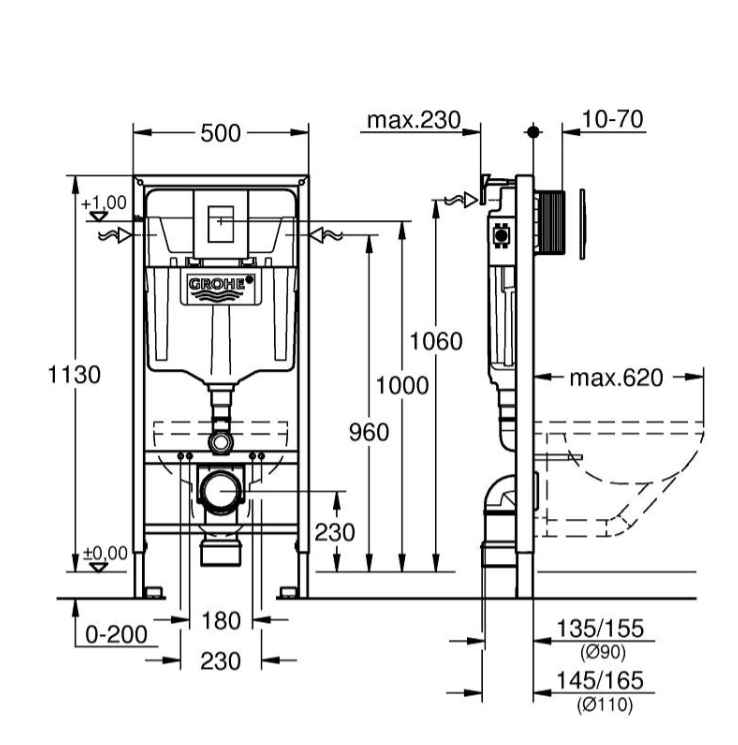 Модуль для подвесного унитаза RAPID "SL" с КВАДРАТНОЙ клавишей (хром глянец), 4 в 1,GROHE