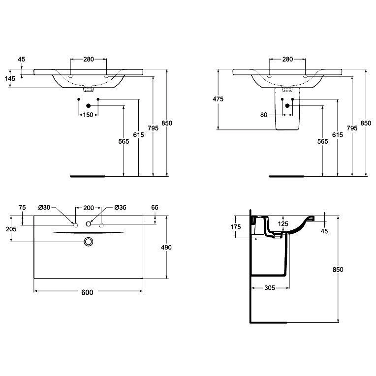 Раковина - столешница 60 см Connect IDEAL STANDARD