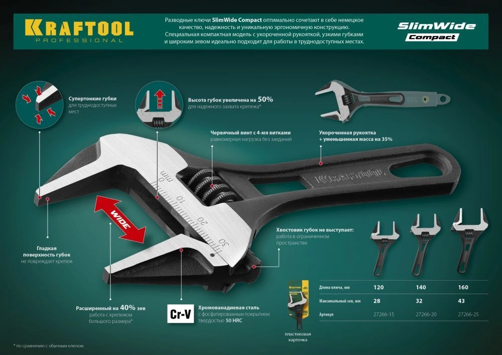 Ключ разводной SlimWide Compact, 160/44 мм, KRAFTOOL (27266-25)
