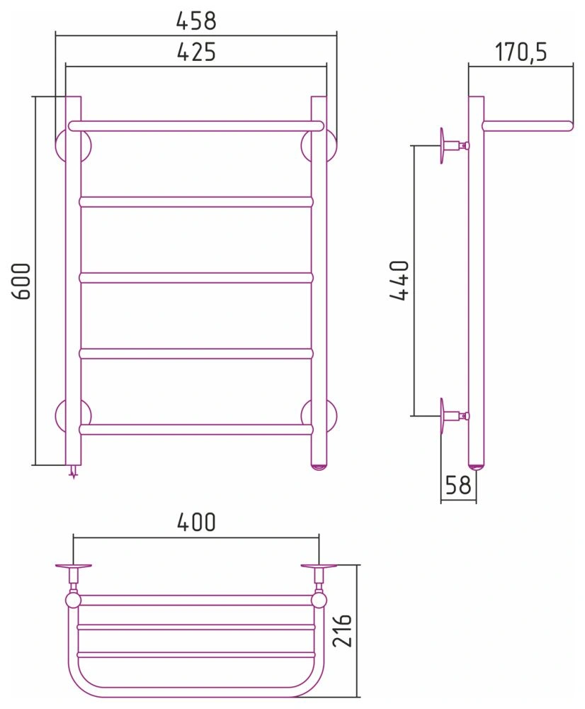 Полотенцесушитель электрический №30 Л, 600х400, Стилье 